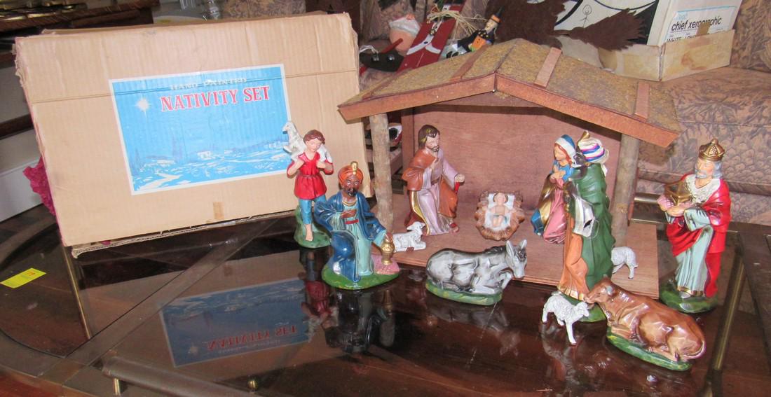 Hand Painted Nativity Set Made in Japan: Seems to be paper mache. Manger is approx 9" x 19" x 12" tall.