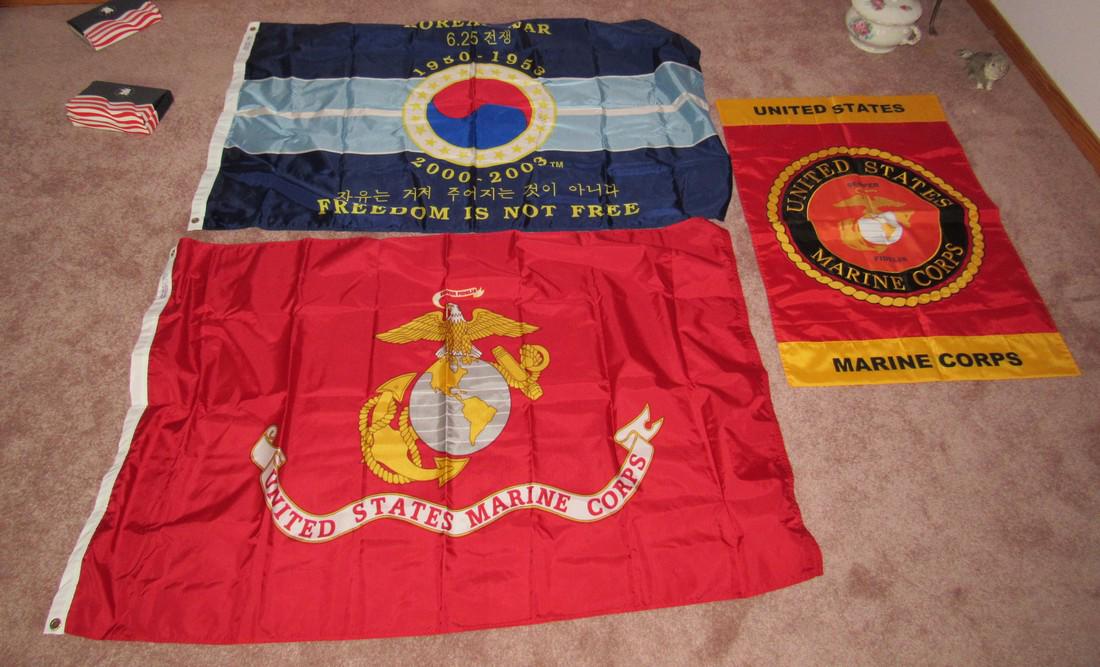 Korean War & Marine Corps Flags: Getting all 3 pictured. Korean war flag is approx 3'x5'