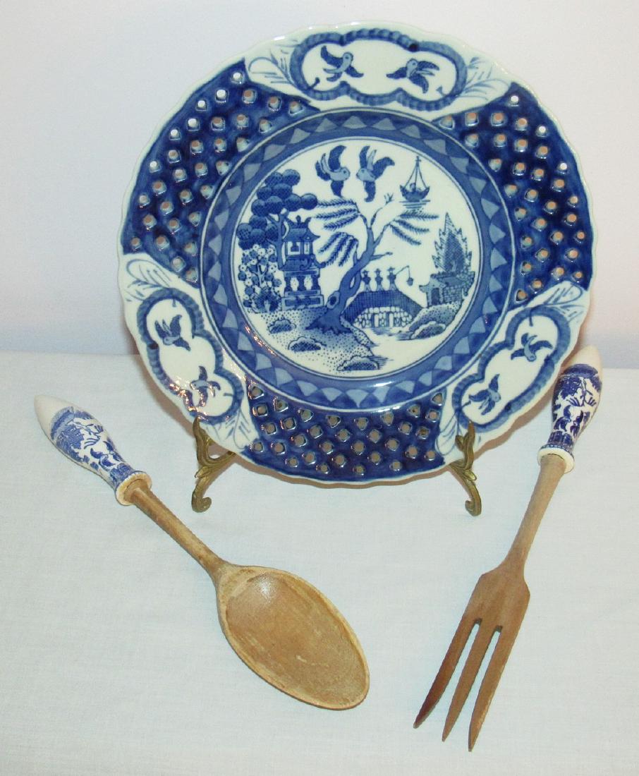 Victoria War Ironstone Slotted Plate Fork and Sppon: Also included is brass plate stand. Plate is approx 9 3/8" in diameter.