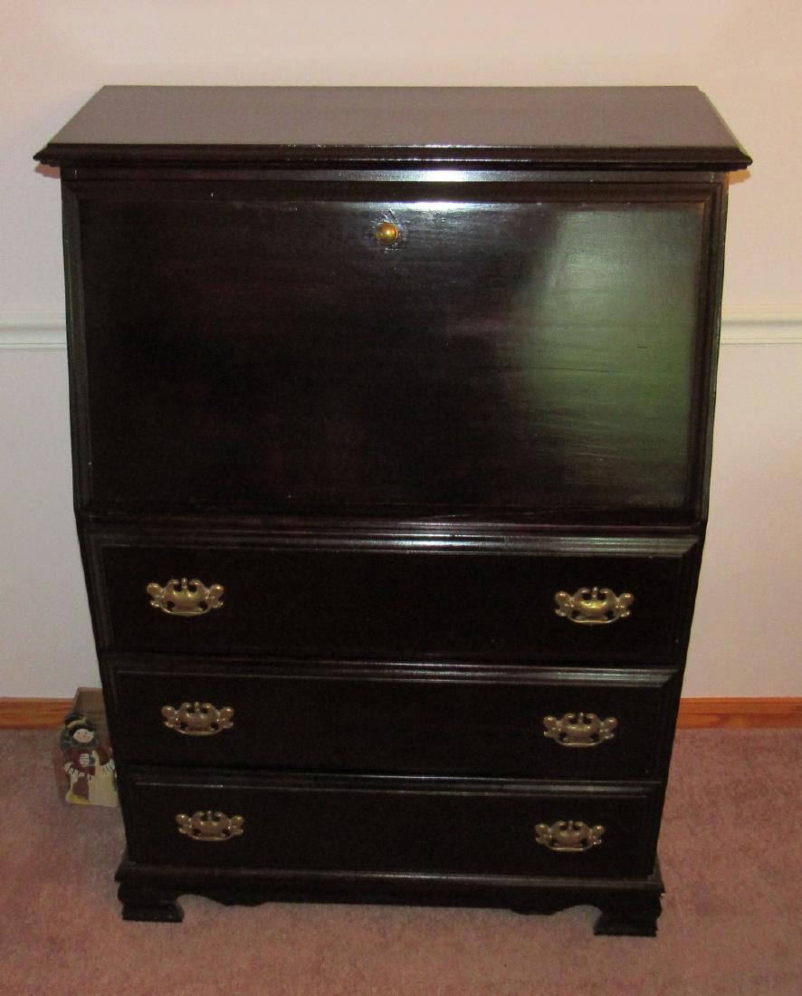Slant Front Desk: Approx 15" x 31 1/2" x 45 1/2" tall. Includes items in it