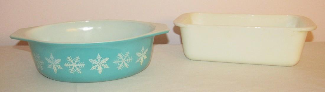 Pyrex Snowflake Casserole: Getting both pictured. Snowflake one is approx 7" x 10 1/4". Held to light and has minimal scratches in finish