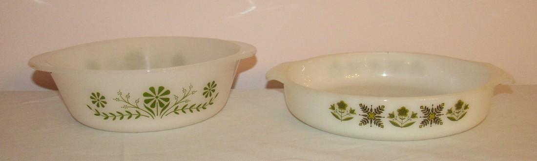 Glasbake and Fire King Casseroles: Fire King (on right) is approx 9" in diameter and 1 7/8" tall.