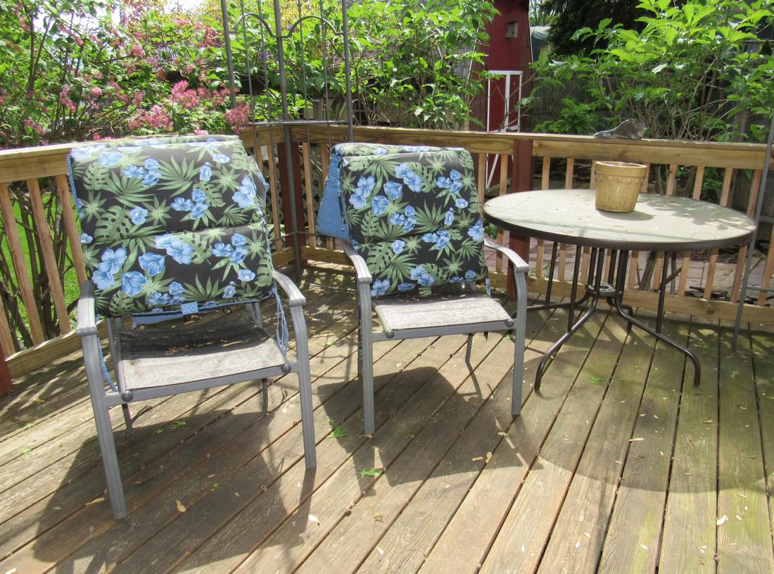 Glass Top Patio Table 2 Chairs and Plant Stands: Also includes windchime