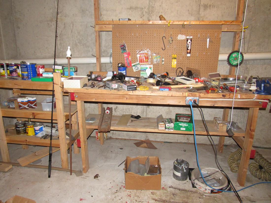 Contents of Workbench Tools Hardware Misc: VISE IS SOLD SEPERATELY IN NEXT LOT ! This lot includes everything else on workbench ( workbench not to be sold). Take what you want and leave the rest