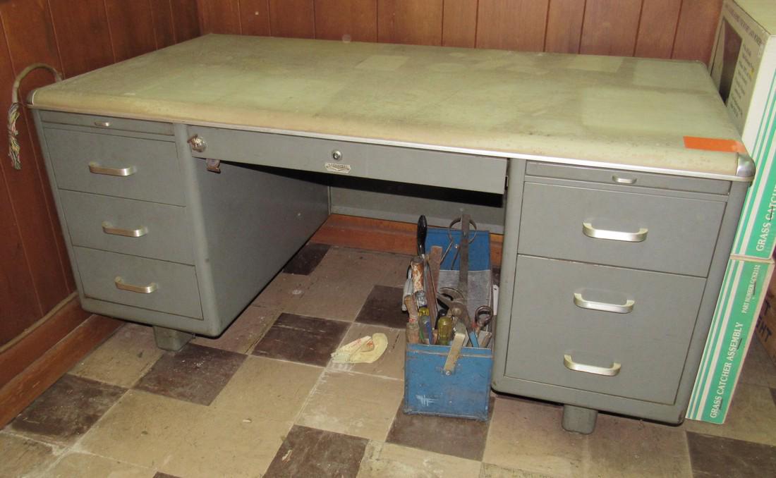 Vintage Security Steel Office Desk and Contents: Approx 32"x 59"x 29" high. Includes everything in drawers
