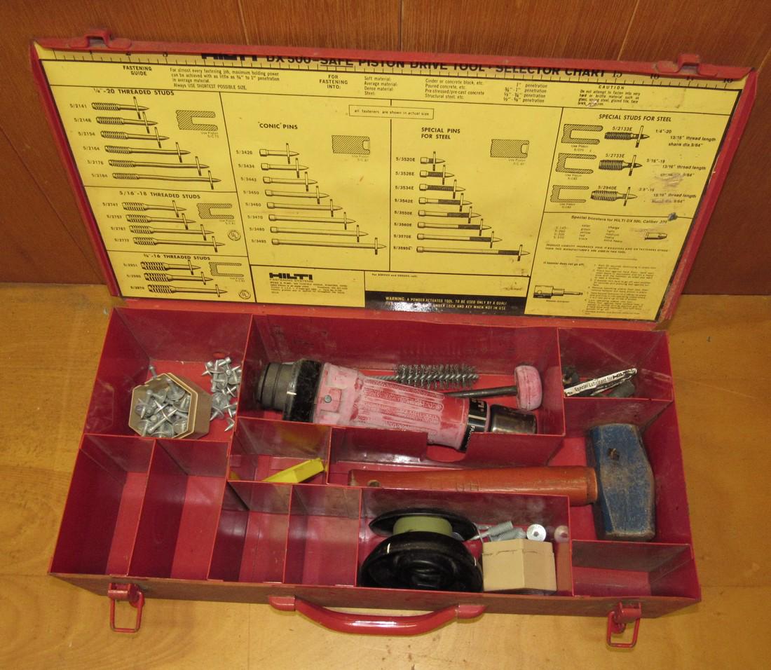 Vintage Hilti DX 500 Safe Piston Drive Tool: Getting box and all pictured in it