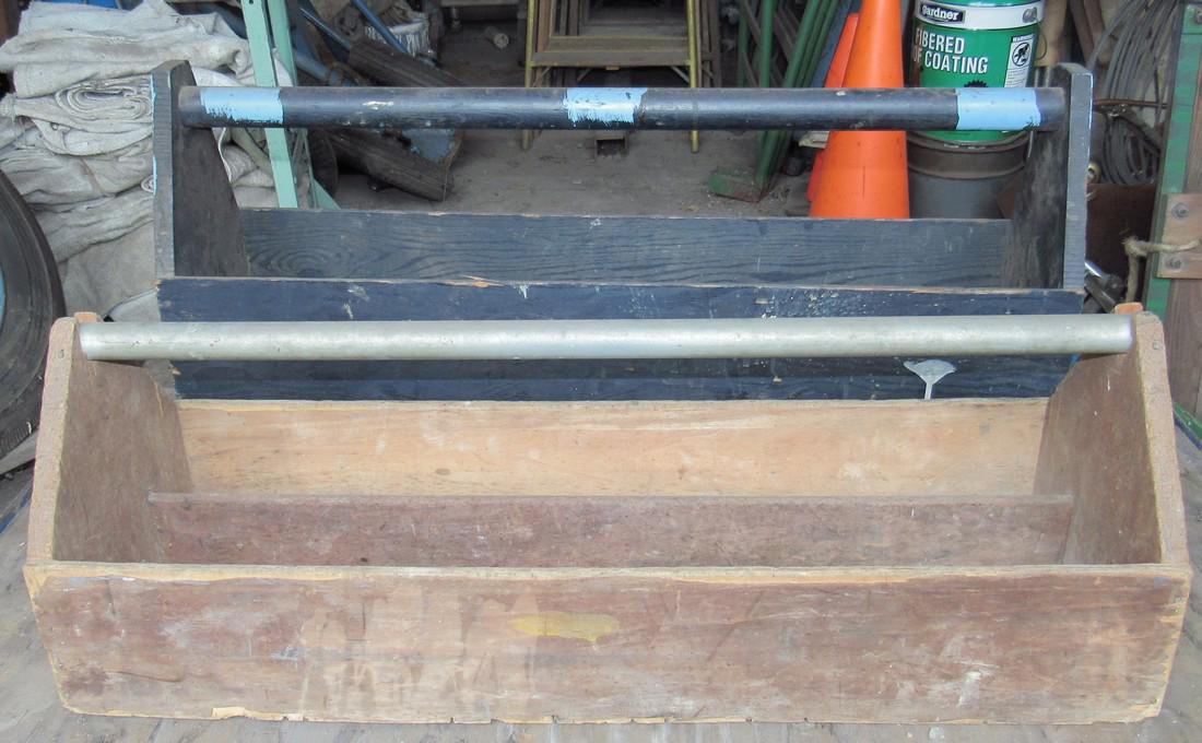 2 Wooden Tool Totes: Largest is approx 8" x 36" x 15 1/2" tall