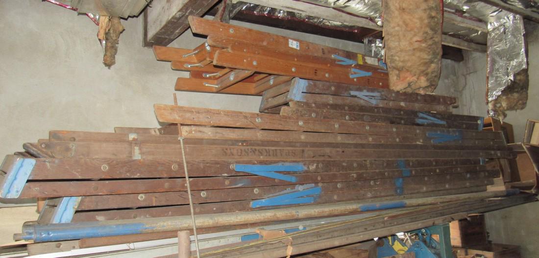 8 Wooden Step and 1 Extension Ladder: Longest step ladder is approx 12'. Also includes wooden pole