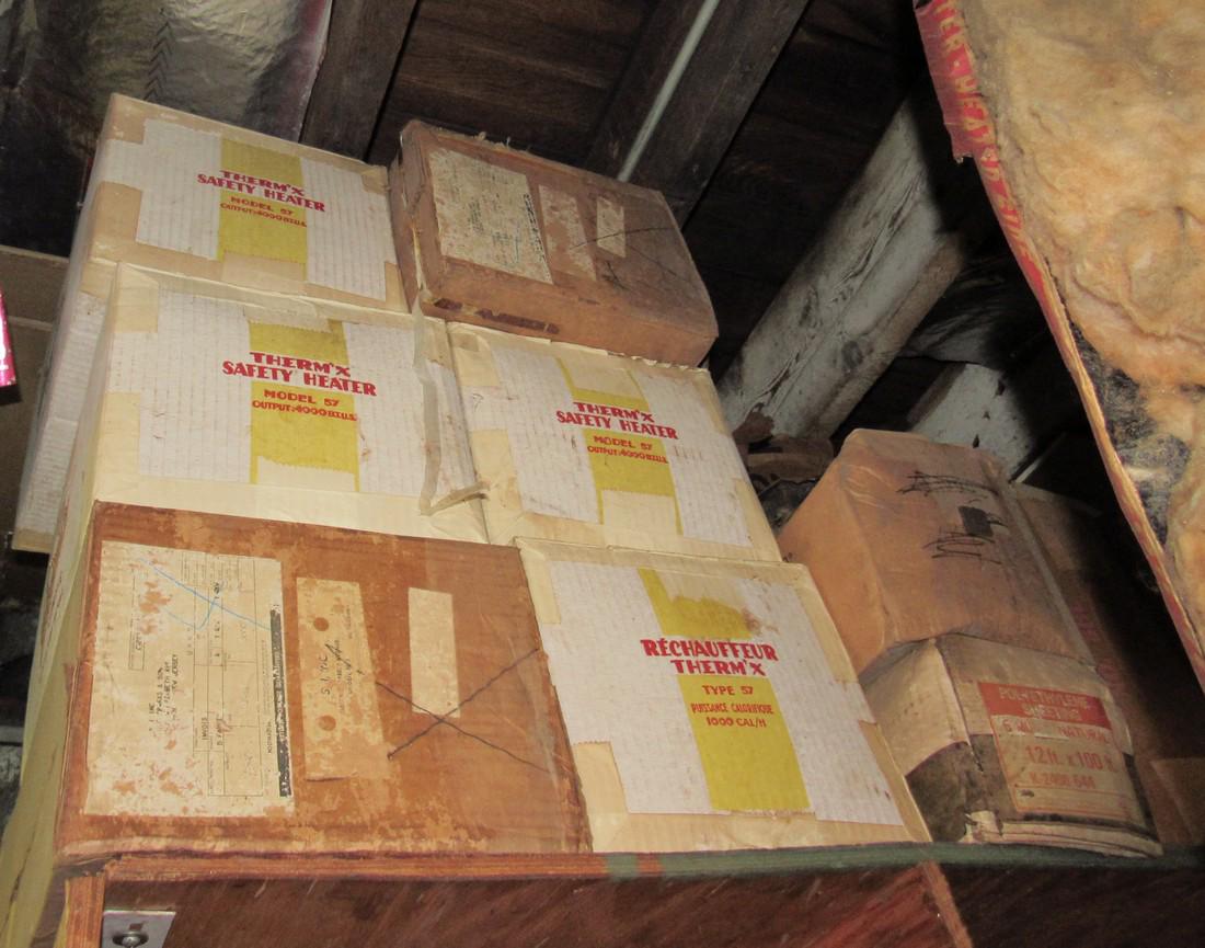 4 Therm'X Model 57 Safety Heaters Misc Boxes 2 Windows: Lot includes wooden shelf, everything on it, and 2 windows. Windows are approx 29" x 60".