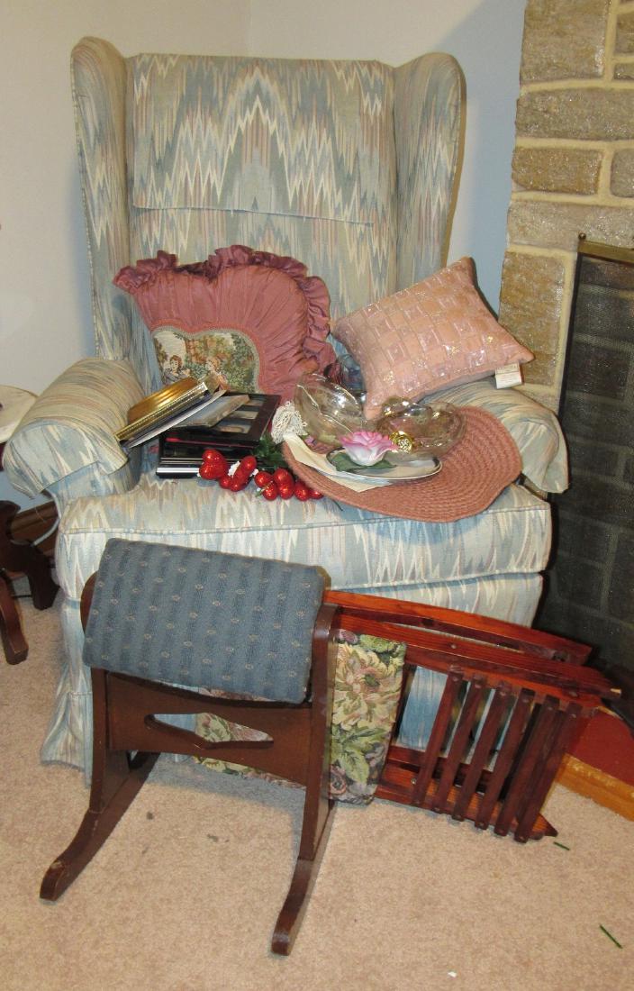 Wing Chair Picture Frames Glassware and Stools: Lot consists of wing chair, items on and in front of it. Take what you want, leave what you don't