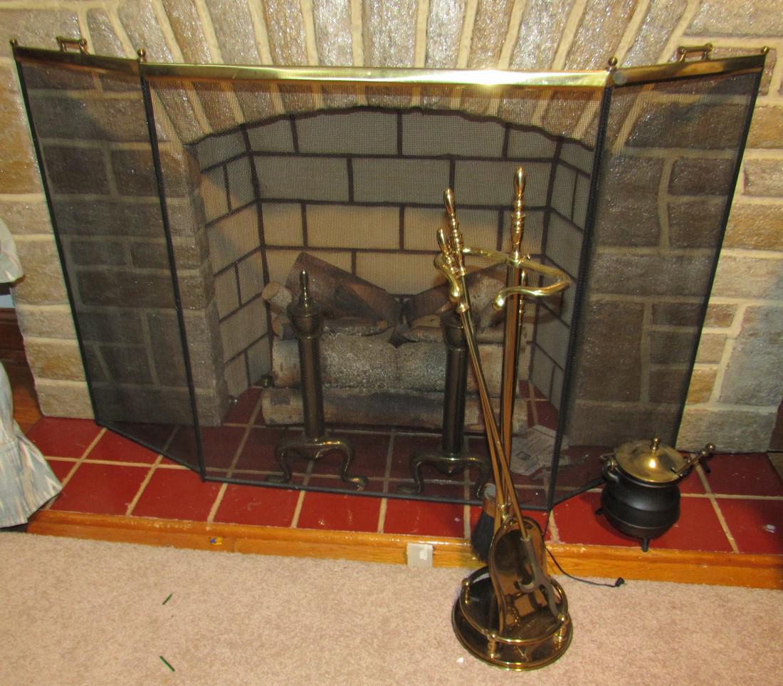 Fireplace Set Brass Andirons Screen Lighted Log: Getting all pictured