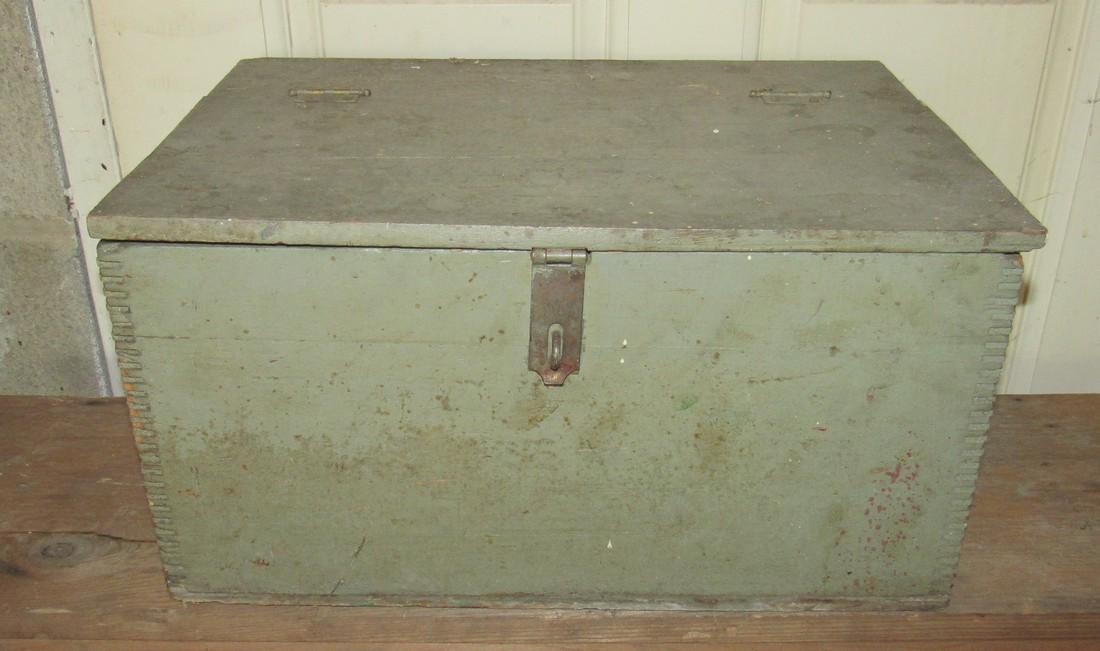 Green Painted Wooden Box with Cassette Tapes: Approx 12" x 17 1/2" x 9 1/2" tall.