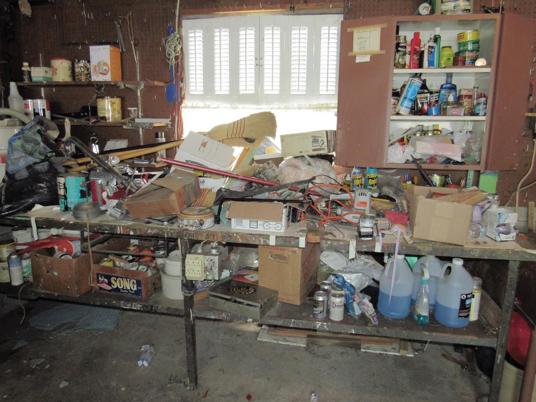 Contents of Workbench: Lot includes everything on workbench, shelf of workbench, and items pictured hanging from pegboard. Take what you want and leave the rest.