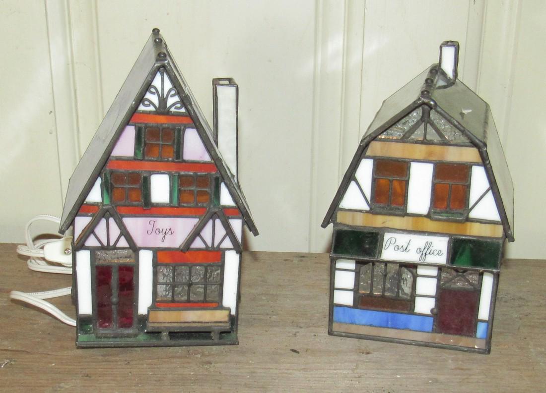 Stained Glass Toy Shop and Post Office Lighted Houses: One on left is approx 7" tall