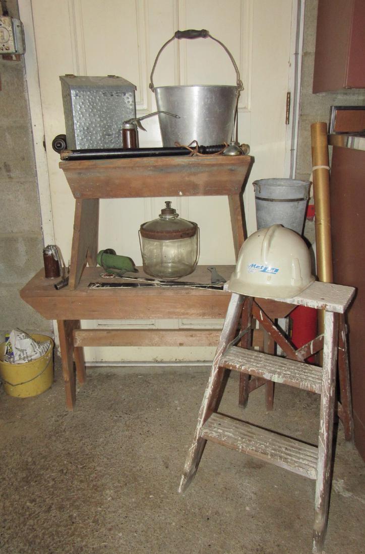 Benches Oil Cans Wooden Step Ladder Met Ed Hard Hat: Lot includes Step Ladder, hard hat, benches and everything on benches.