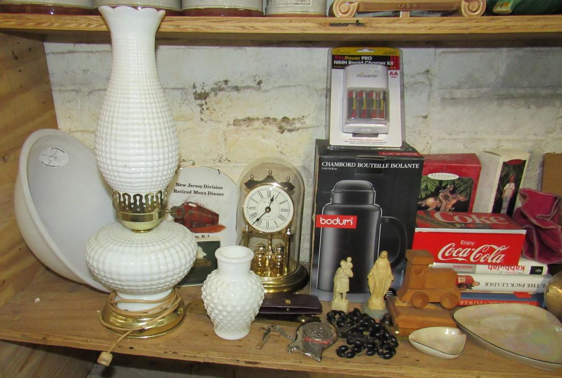 Milk Glass Lamp Shot Glasses Shelf Contents: Lot includes all on shelf. Must take all