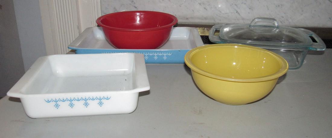 Pyrex Mixing Bowls and Casserole: Red Pyrex mixing bowl is approx 9 3/4" in diameter