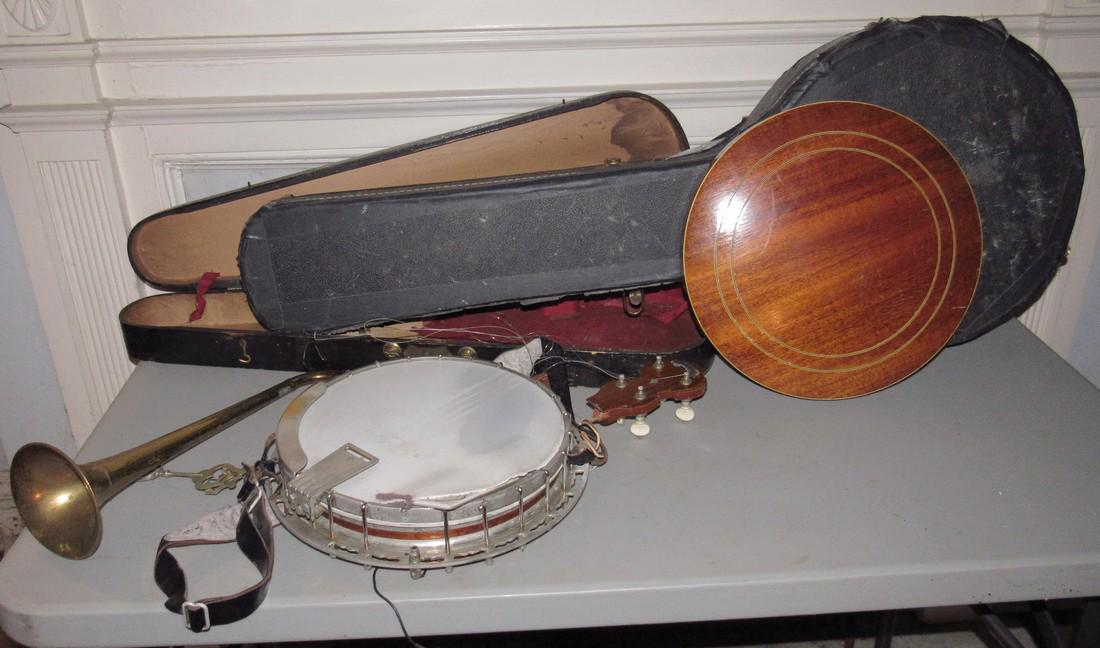 Baldwin Banjo Violin Case Brass Bugle: Getting all pictured on table. Banjo is approx 13 1/2" in diameter