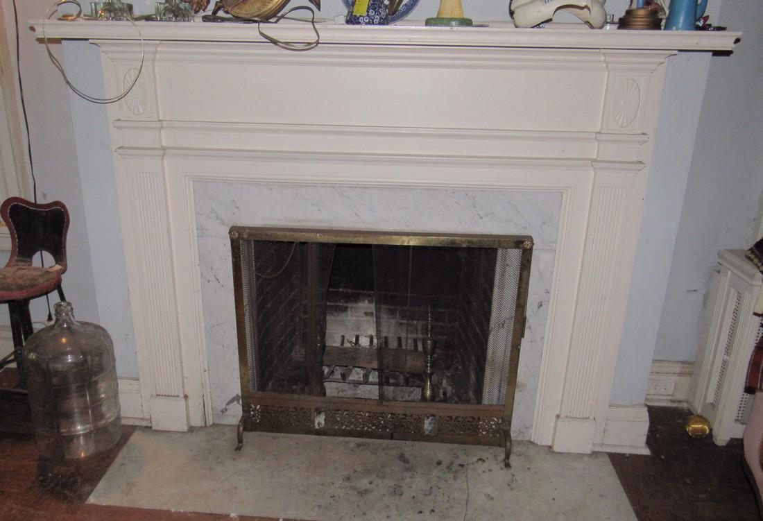 Fire Place Mantle: Approx 8" x 74" x 55 1/2" tall. Has 46 1/2" x 37 " opening. DOES NOT include items on top. Buyer must safely remove from wall