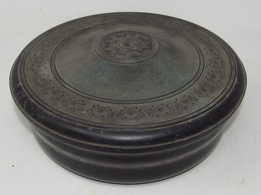 Domart Sewing Box with Buttons: Approx 9 1/2" in diameter and 3 3/4" tall.