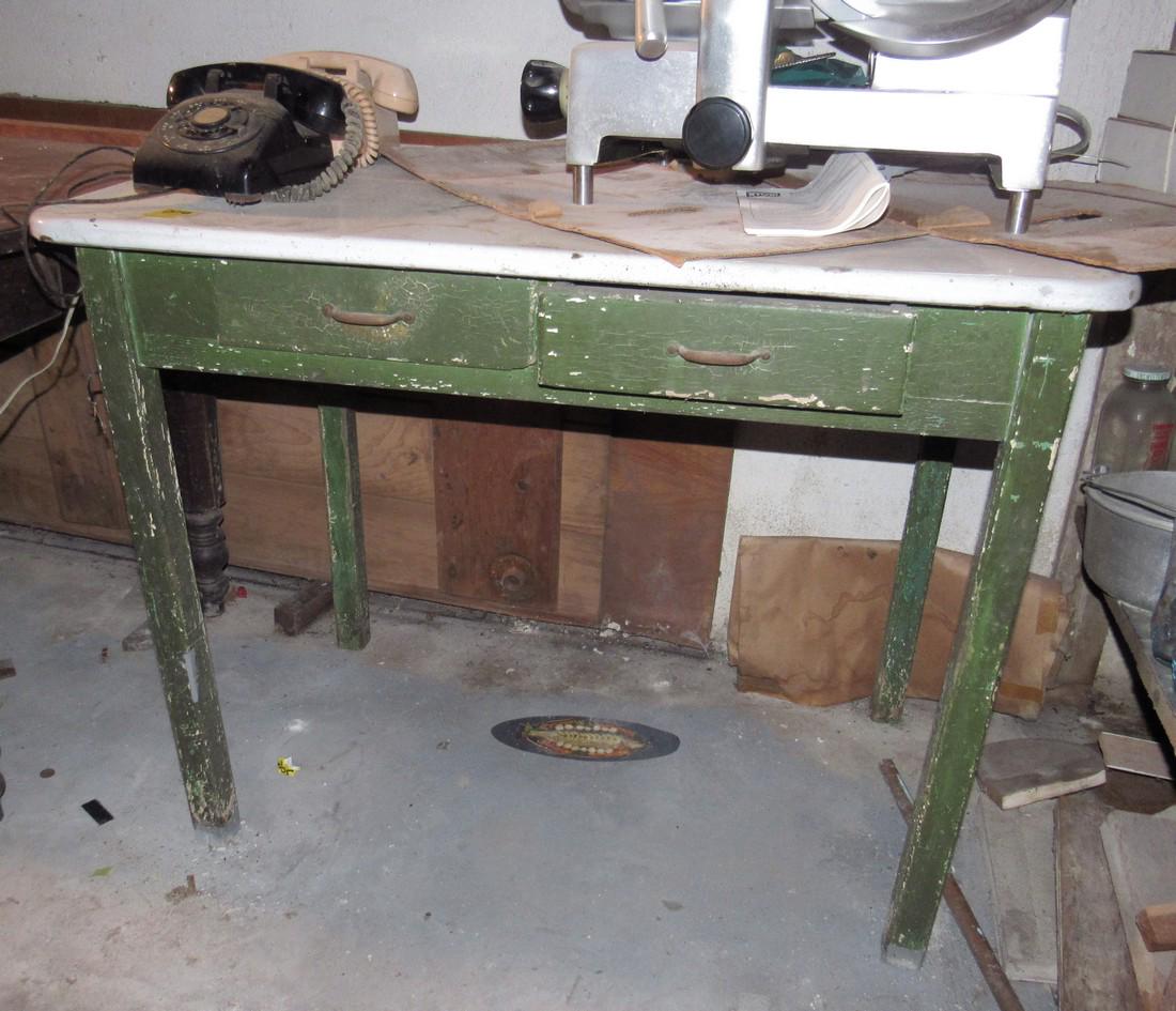 2 Drawer Enamel Top Table: Approx 24" x 40". DOES NOT include items on top