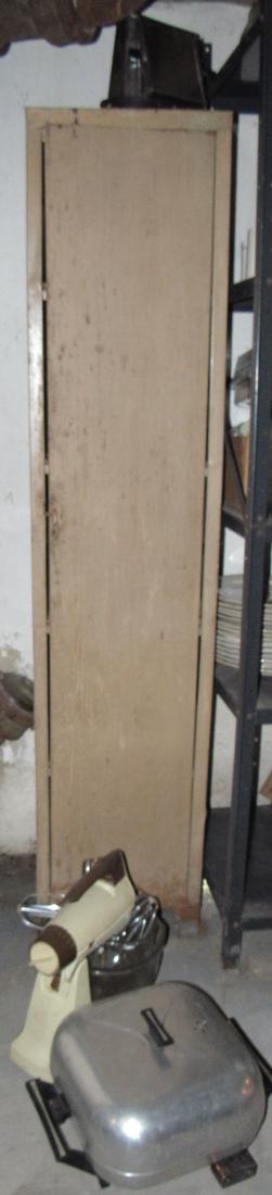 Metal Cabinet and Kitchen Appliances: Lot includes cabinet and small appliances. Cabinet is approx 12" x 13 1/2" x 63" tall.