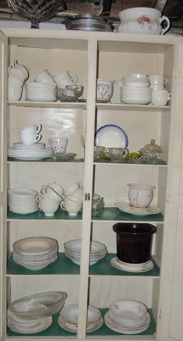 Cabinet Dinnerware Misc Plates Dishes: Lot includes cabinet. Cabinet is approx 13" x 34" x 68". Take what you want, leave what you donâ€™t