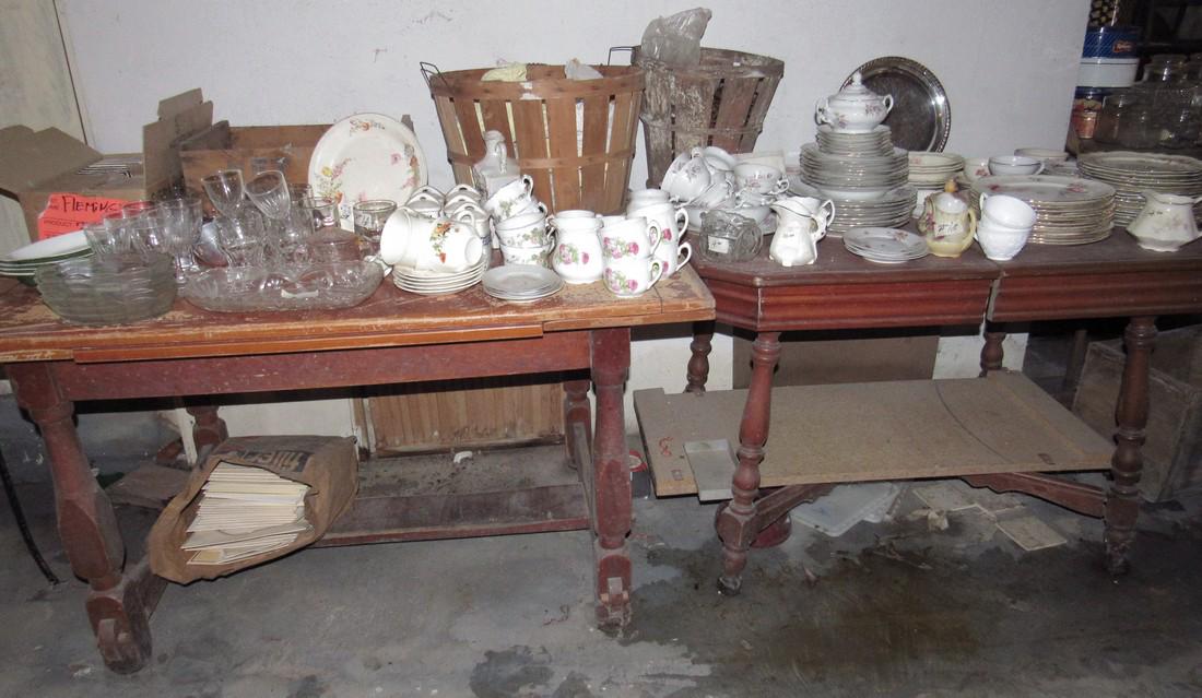 2 Tables and Contents: Lot includes China Dinnerware Tables. Take what you want, leave what you don't