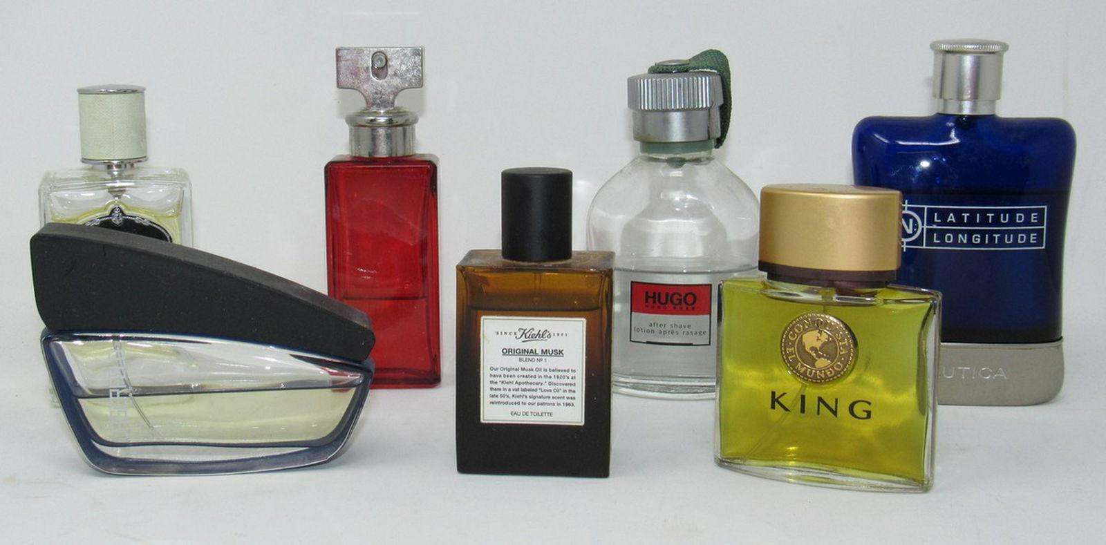 King Lagerfield Prada Kiehls Latitude Longitude Cologne: Getting all pictured. The only full one is King ( 1.5 fl oz). The rest are partial bottles