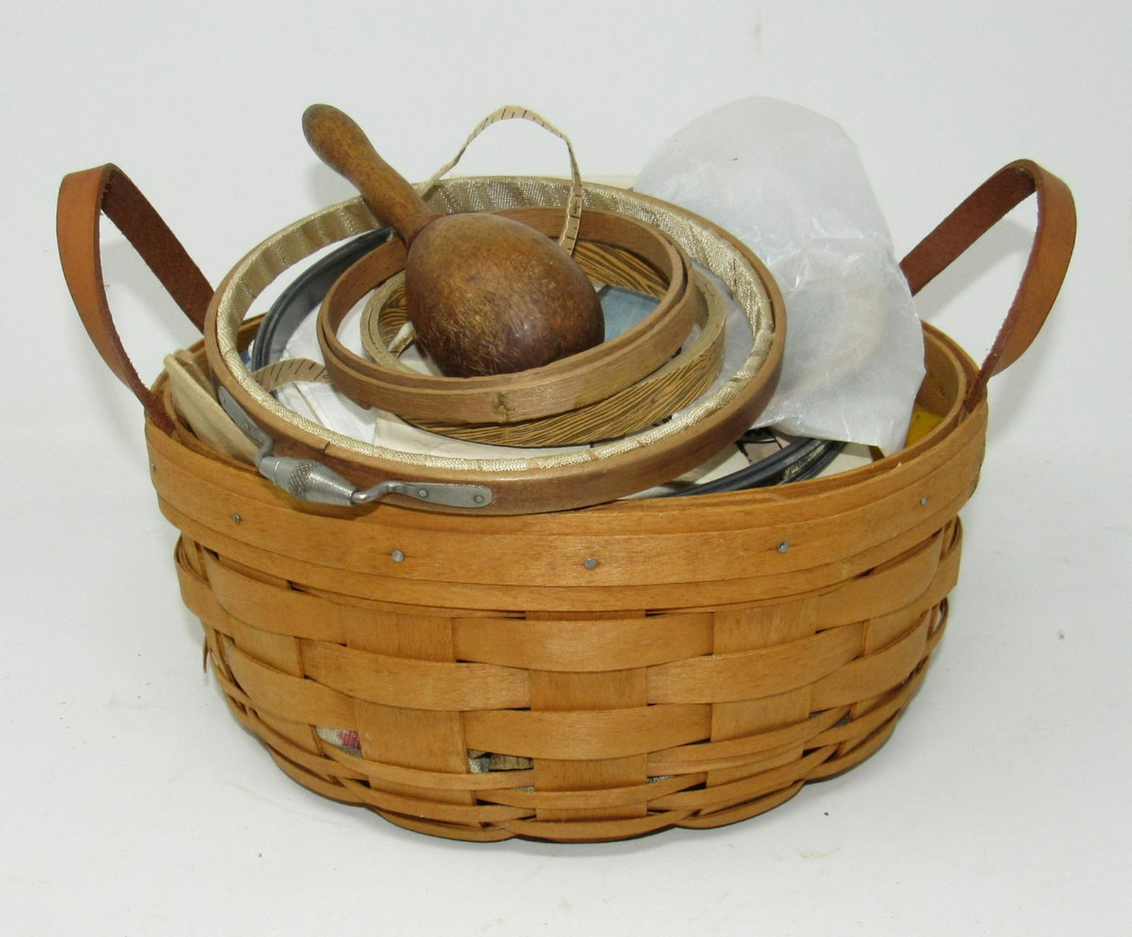 Longaberger Basket w Sewing Items Buttons Scissors: Basket is approx 10" in diameter and 4 1/4" tall