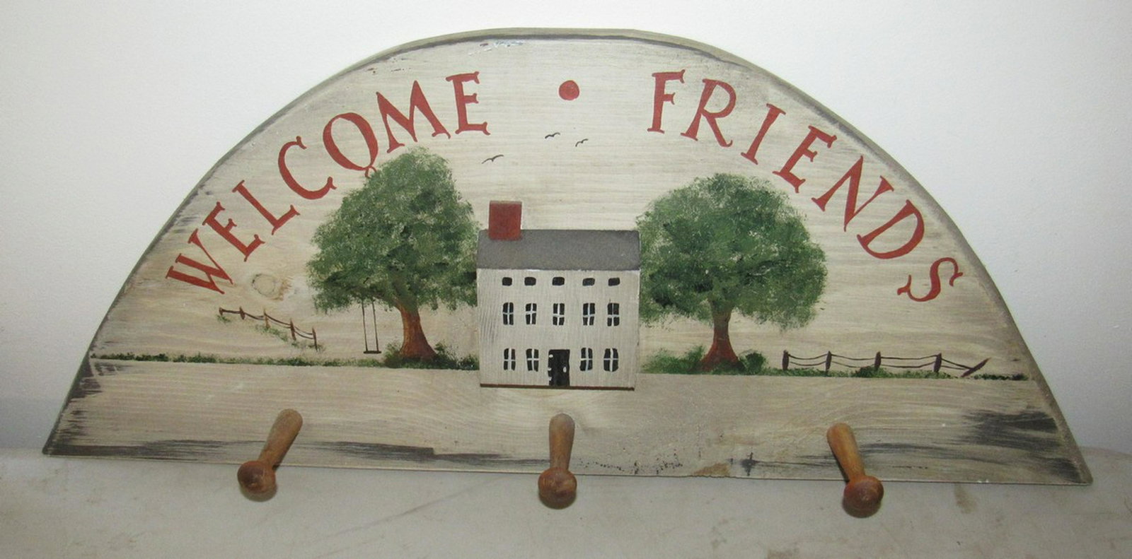 Welcome Friends Wooden Tote / Hat Rack: Approx 27" x 11"