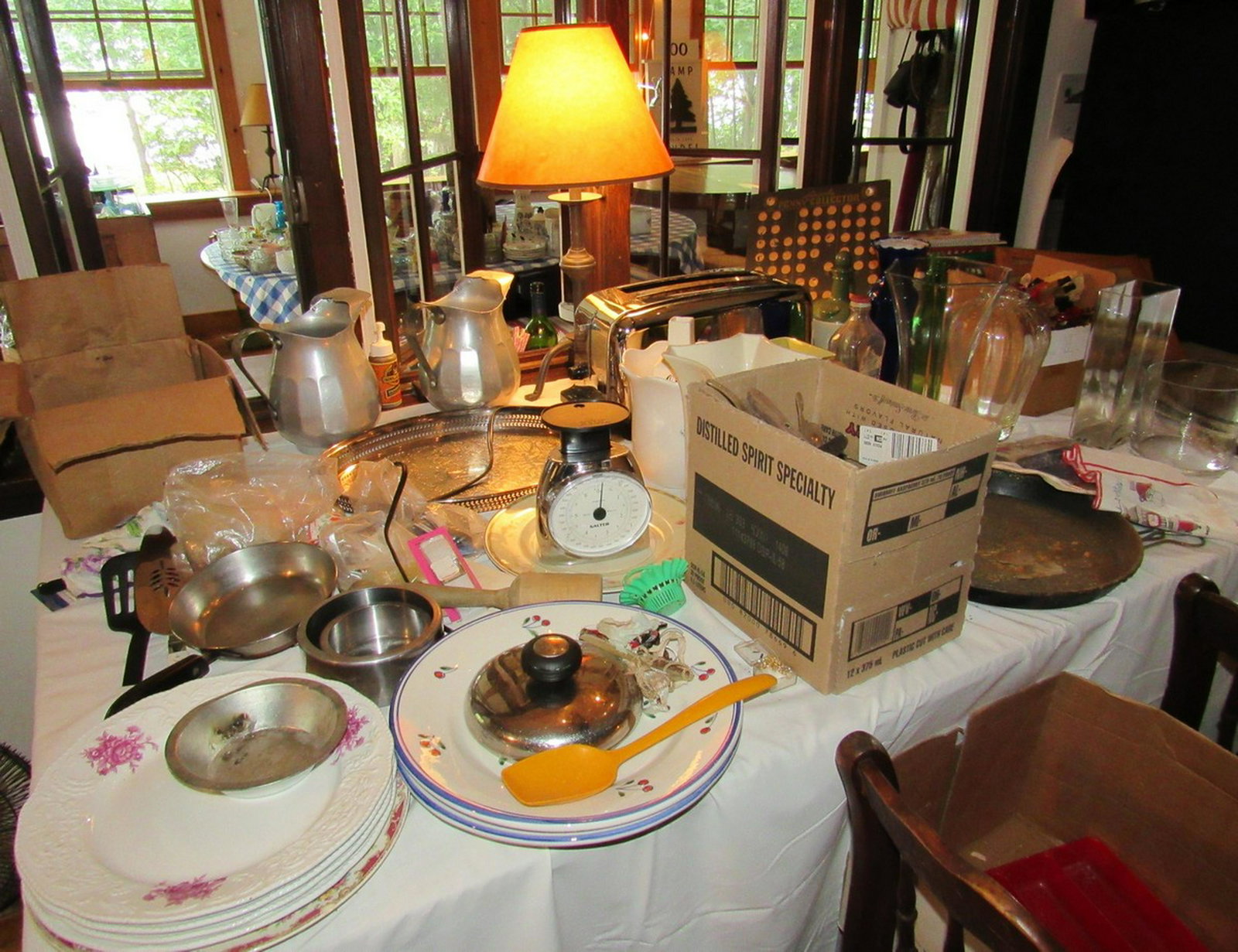 Contents of Table Vintage Kitchenware Vases Trays: Lot includes everything on table. Take what you want, leave what you donâ€™t