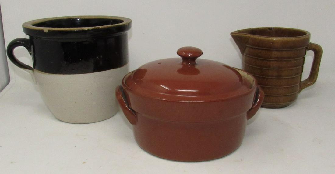 Stoneware Crock Pitcher and Casserole: Crock is approx 6" tall.