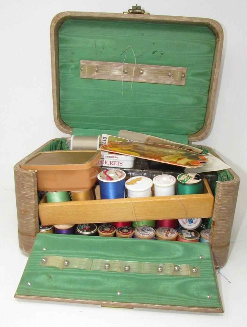 Sewing Box Thread and Contents: Box is approx 8 1/2" x 11 1/2" x 6 1/2" tall.