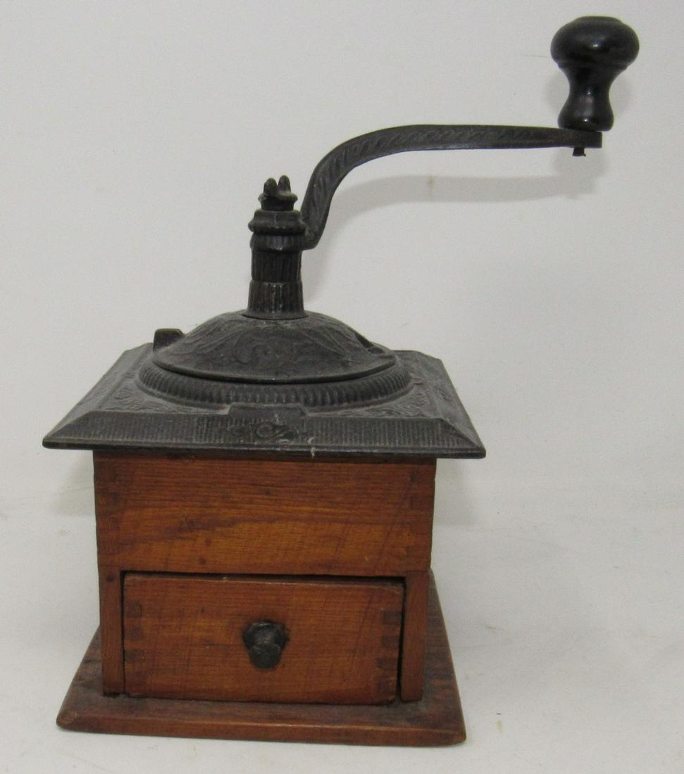 Antique Coffee Grinder: Approx 6" square.