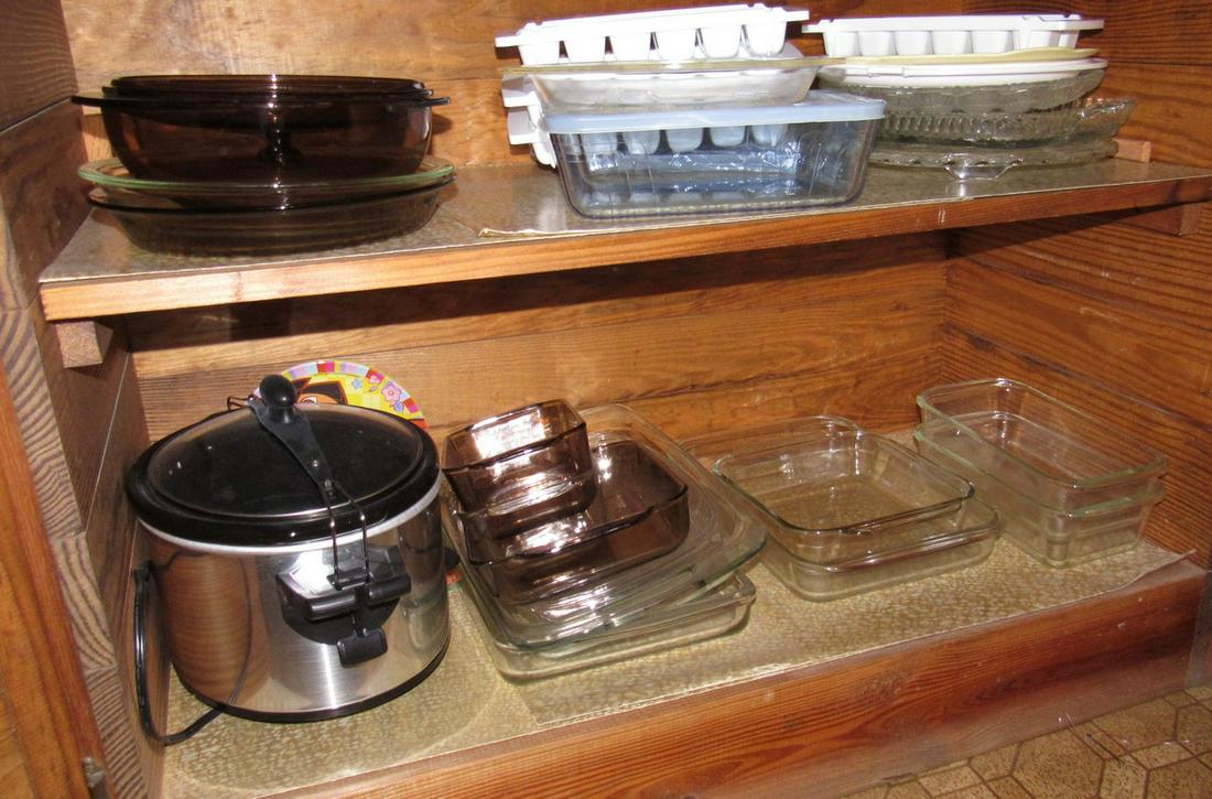 Pyrex Misc Glass Casseroles Slow Cooker: Getting all pictured in bottom of hutch. Take what you want and leave the rest.