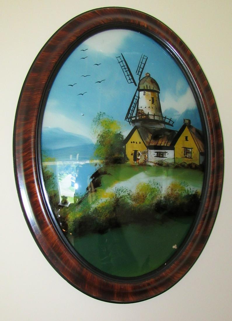 Windmill Scene Reverse Painting in Convex Glass: Approx 16" x 22"