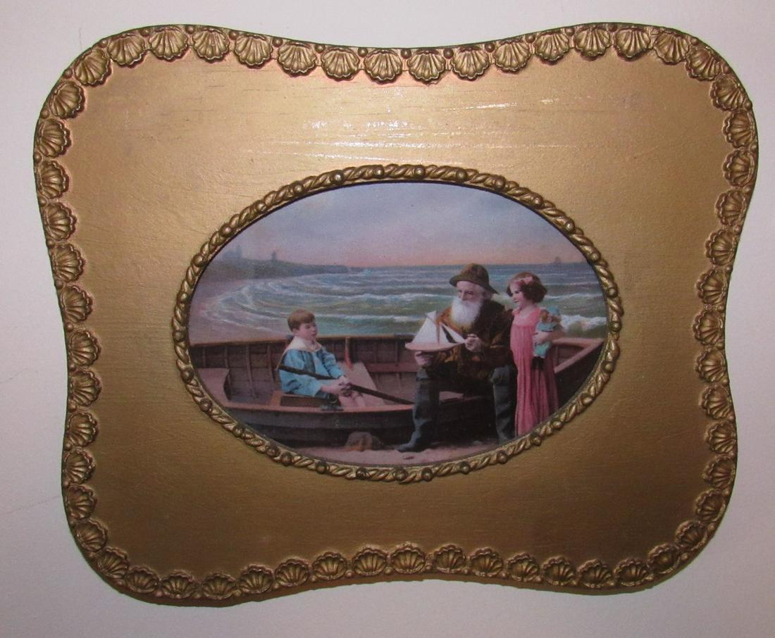Framed Water Scene with Boat Doll and Sailboat Model: Approx 9" x 10 3/4"