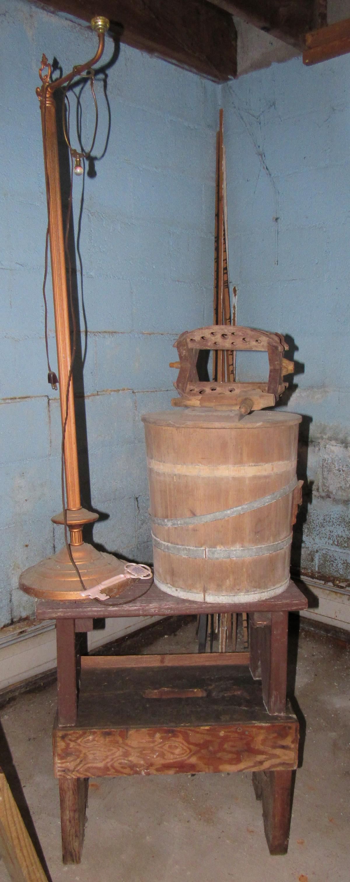 Butter Churn Floor Lamp 2 Benches: Churn is approx 15 1/2" tall and 14 1/2" in diameter