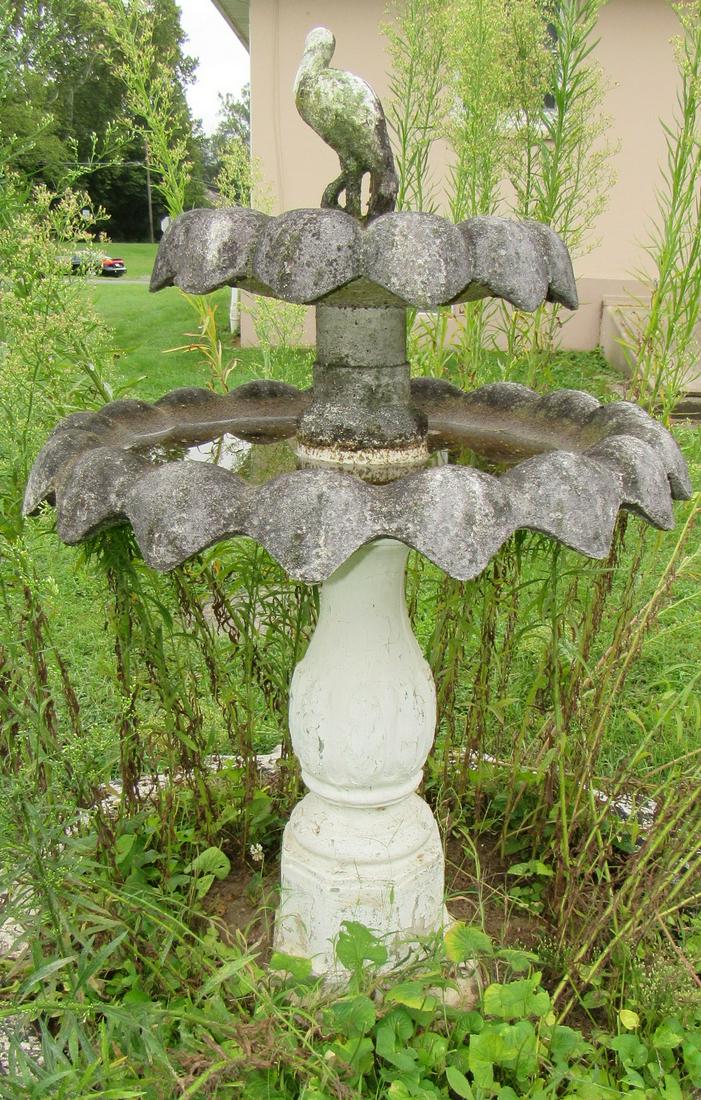 Concrete Bird Bath with Pelican on Top: Approx 52" tall and 30" in diameter.