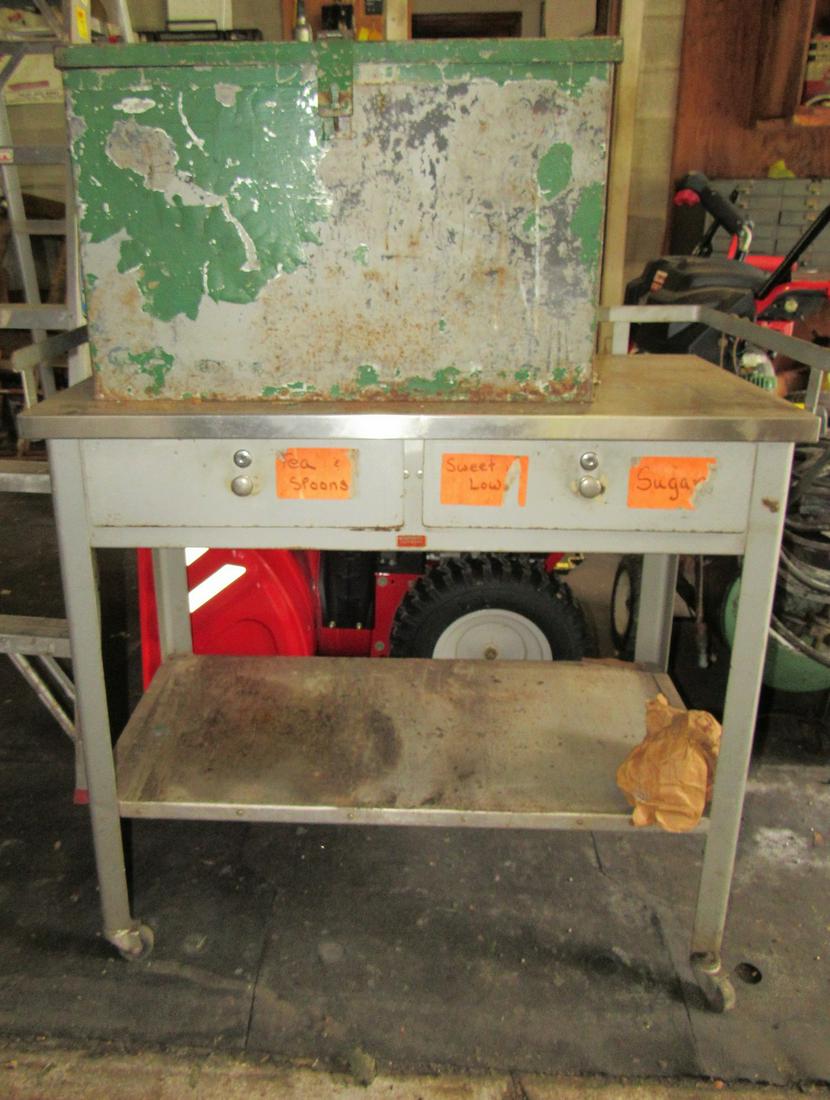 Stainless Steel Rolling Cart and Metal Box: Cart is approx 18" x 37" X 36" tall