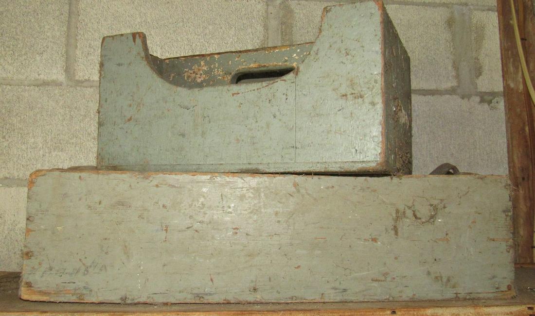 2 Gray Painted Wooden Totes: One on bottom is approx 10 1/2" x 25 1/2" x 7" tall.