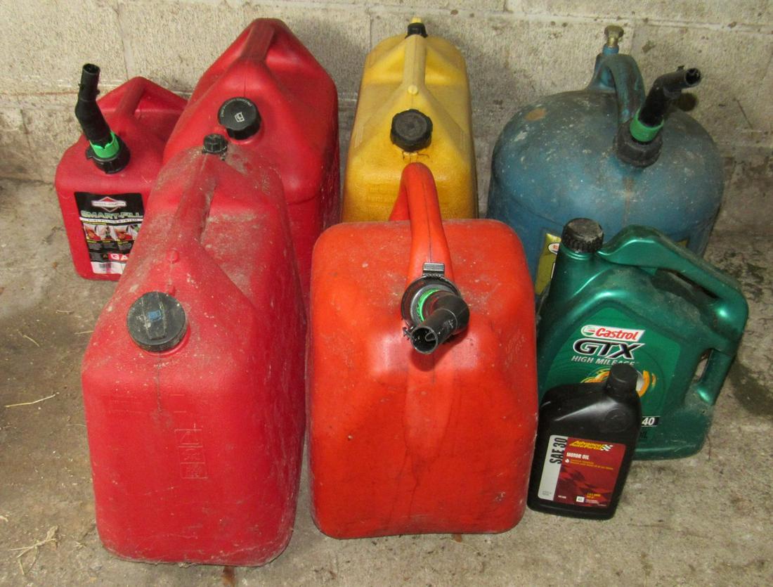 Gas Diesel Kerosene Cans: 2 gas cans are full, kerosene is close to full, and quart of oil is just about full.