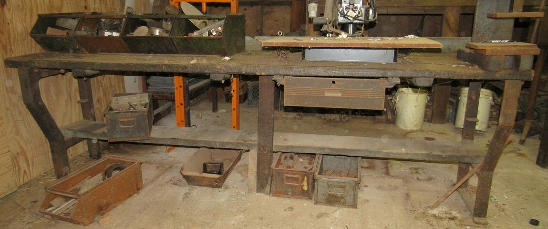 Antique Industrial WorkBench: Approx 29" x 9' 3 1/2" x 34" tall. Includes items in drawer. Does not include items on or under. Pick up for this item is in afternoon