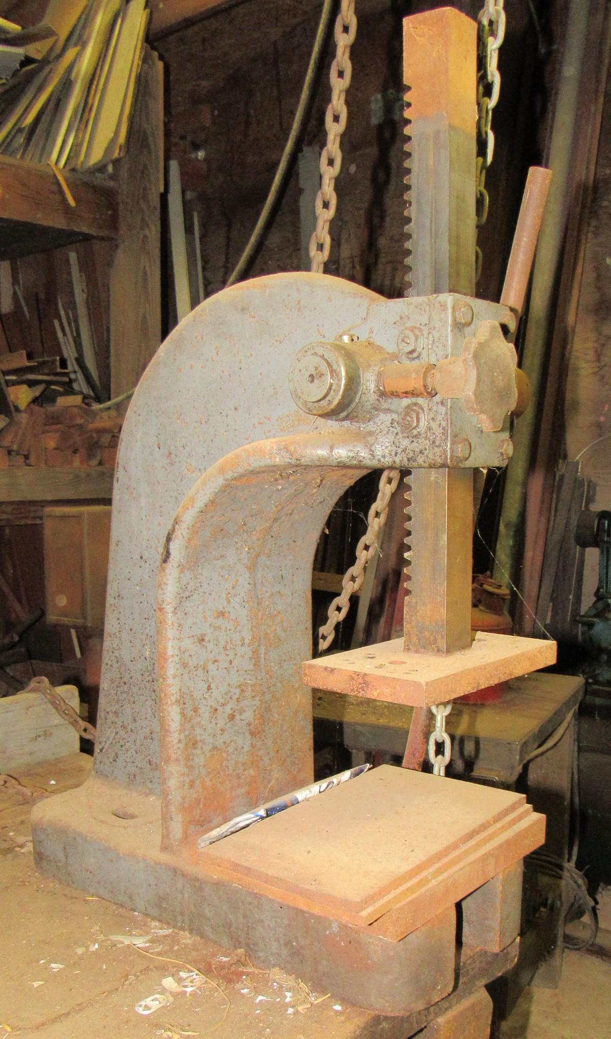 Excelsior No. 3 Press: Approx 11 5/8" ( in between press). Buyer must remove from workbench. Morning pick up before Noon
