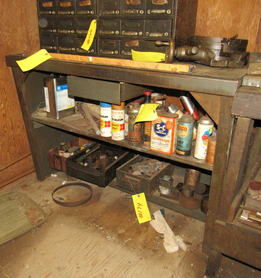 One Drawer Workbench: Approx 24" 48" x 33" tall. DOES NOT INCLUDE ITEMS ON TOP OR UNDER. DOES INCLUDE ITEMS IN DRAWER