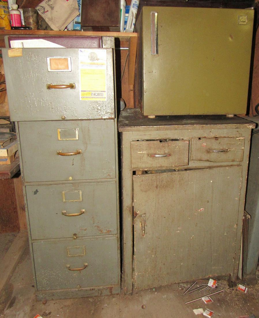 Machinist Parts Supply Cabinet: Lot includes cabinet, contents, file cabinet, and refrigerator