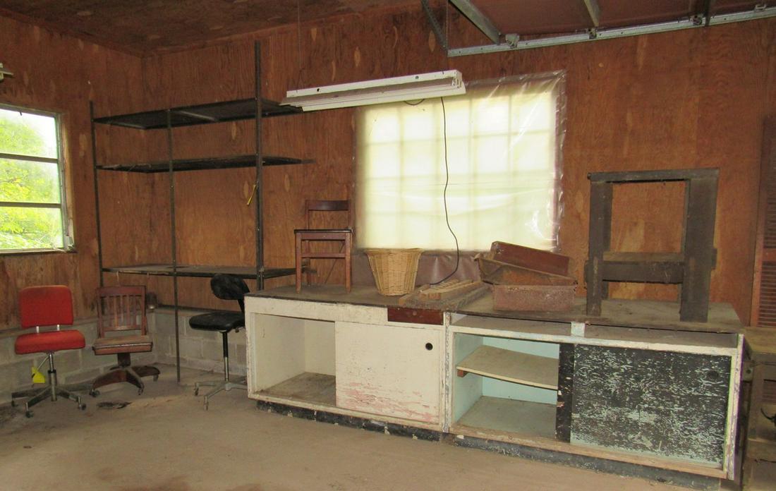 Workbench Tables Chairs Shelf Bins Misc: Lot includes all pictured. Take what you want and leave the rest. Workbench is approx 10'1" long