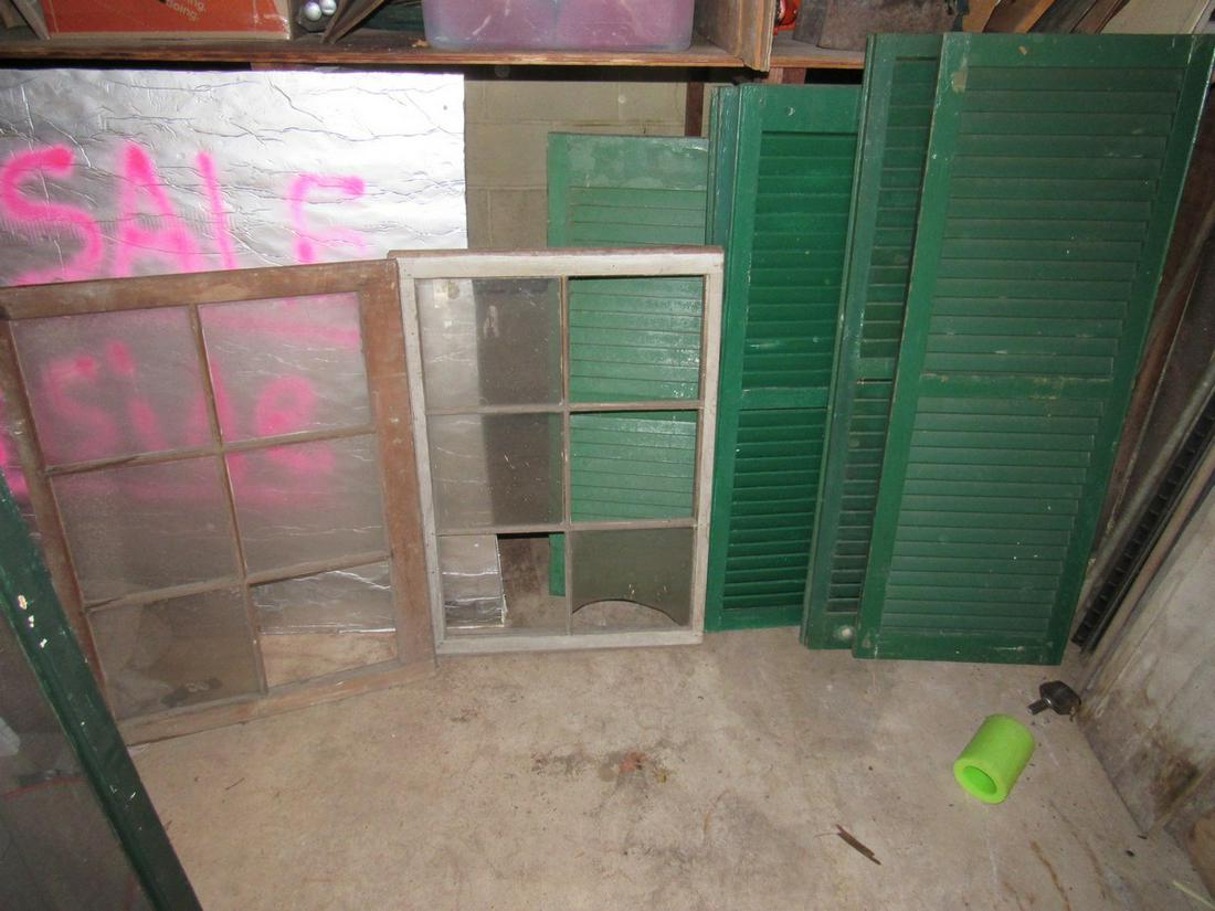 Shutters and Windows: Lot includes 5 shutters, 1 screen window and 2 other windows. Largest shutters are approx 18" x 51"