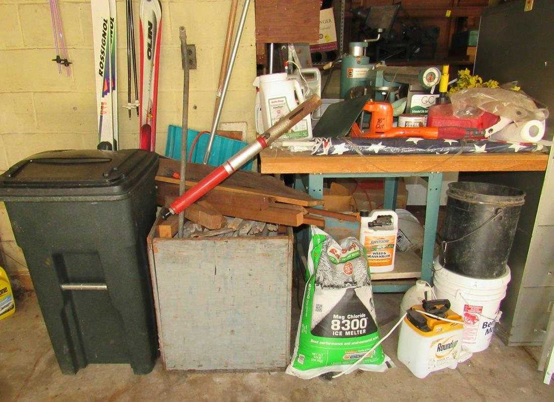 Black and Decker Radial Arm Saw Trash Can & Misc: Lot includes saw with items on and under it, trash can, skis, kindling wood. Take what you want and leave the rest